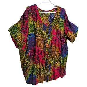 Roamans Sz 36W Tunic Blouse Button Front Flowy Lightweight Rainbow Animal Print